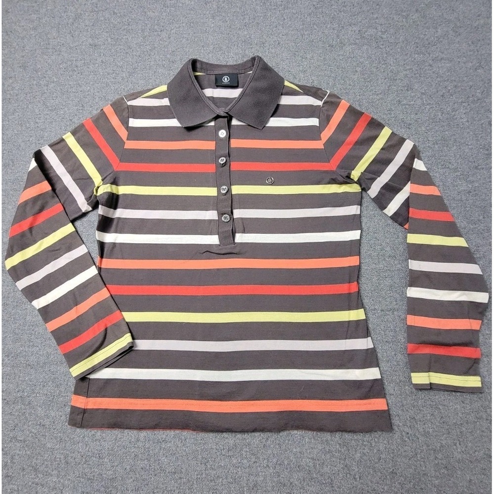 Bogner Women's 38 Striped‎ Long Sleeve Cotton Polo Shirt Brown Multi Color